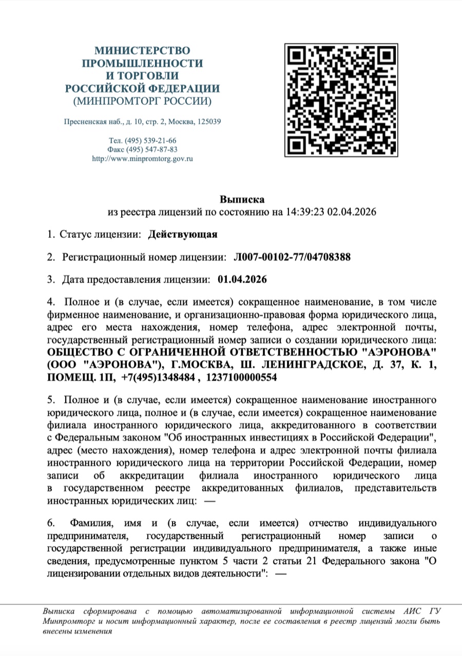 Лицензия Минпромторга России — ООО «АЭРОНОВА»